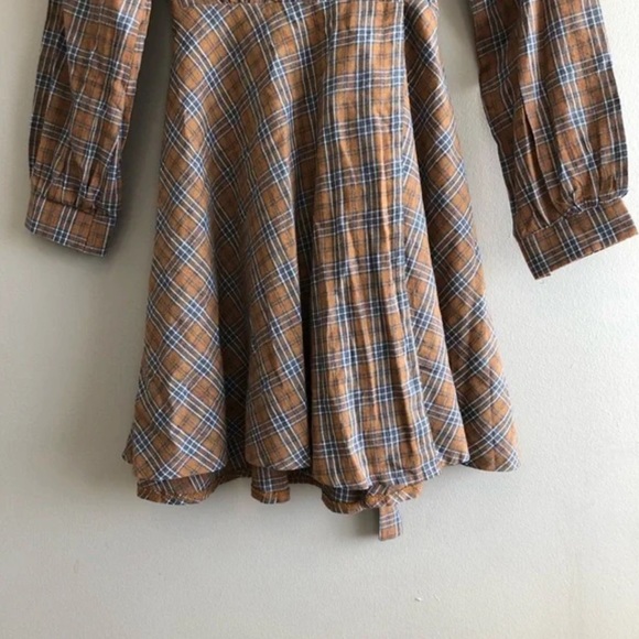 Preppy Plaid Wrap Skirt Tie Waist Long Sleeve V Neck Flowy Mini Dress Brown - Picture 4 of 11
